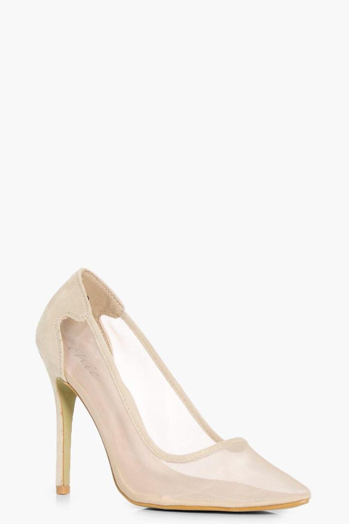 Boohoo Martha Pointed Toe Mesh Court Heels Cream