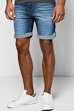 Boohoo Skinny Fit Indigo Wash Denim Shorts In Mid Length