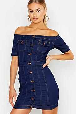 Boohoo Denim Bardot Button Up Bodycon Dress