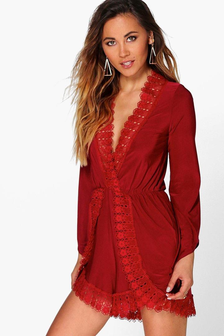 Boohoo Luna Crochet Trim Oversized Playsuit Scarlet