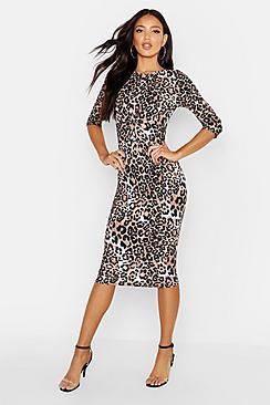 Boohoo Rib Leopard Tie Side Midi Dress