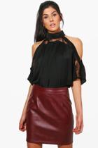 Boohoo Heidi Lace Insert High Neck Cold Shoulder Blouse Black