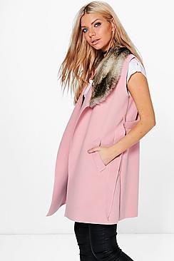 Boohoo Faith Faux Fur Collar Sleeveless Wool Look Coat