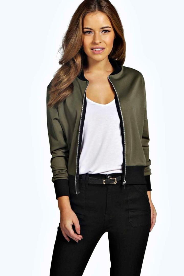 Boohoo Petite Alice Scuba Zip Detail Bomber Jacket Khaki