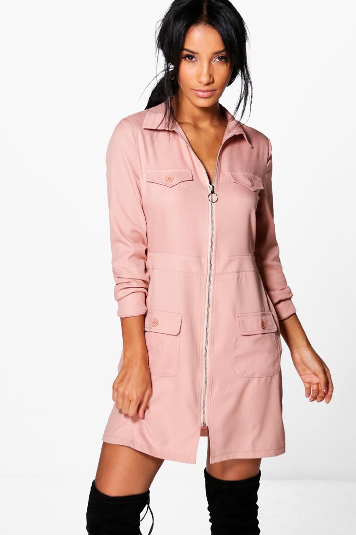 Boohoo Alberta Utility Zip Front Pocket Shift Dress Nude