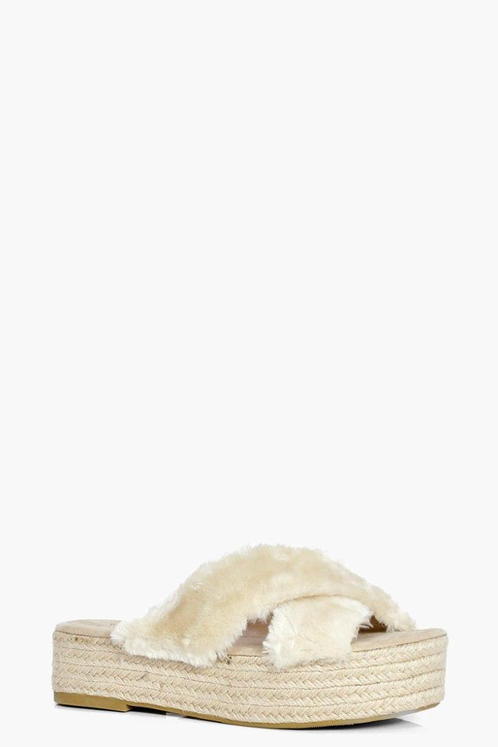 Boohoo Amy Flatform Espadrille Cross Faux Fur Slider Cream