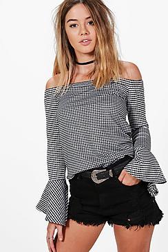 Boohoo Petite Jayde Off The Shoulder Gingham Top