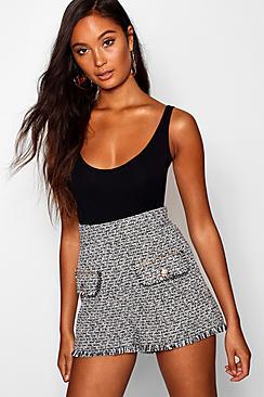 Boohoo Tweed High Waisted Shorts With Chain Trim