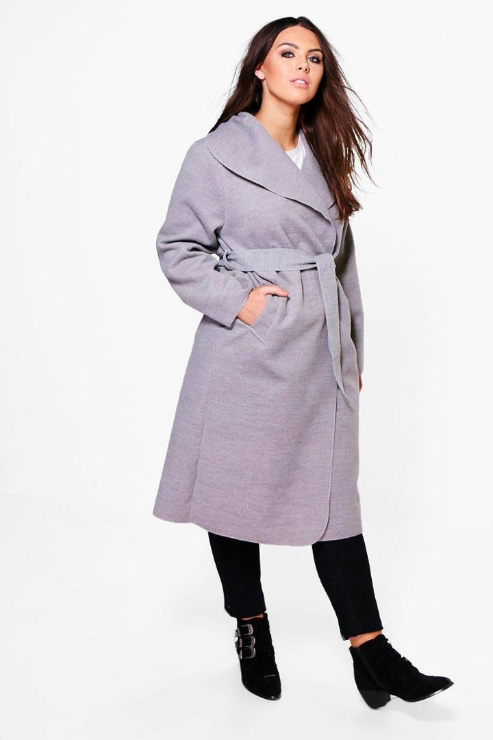 Boohoo Plus Ashley Belted Wool Look Coat Silver