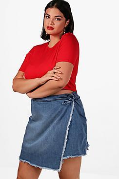 Boohoo Plus Charis Tie Detail Denim Skirt