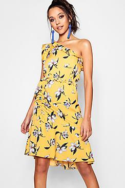 Boohoo Sylvia One Shoulder Gather & Ruffle Midi Dress