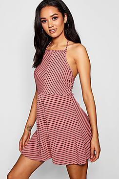 Boohoo Petite Ashlee Stripe Rib Tie Neck Halter Skater Dress
