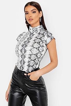 Boohoo Cap Sleeve High Neck Snake Print Top
