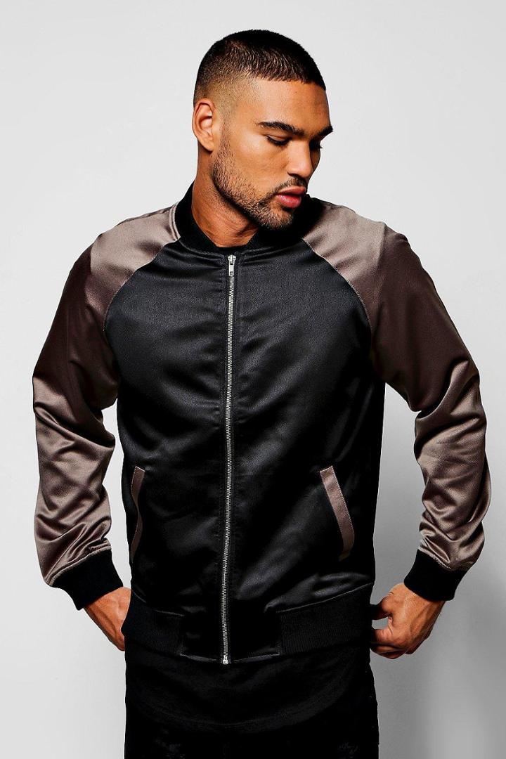 Boohoo Black Satin Bomber Jacket With Contrast Raglan Sleeves Black