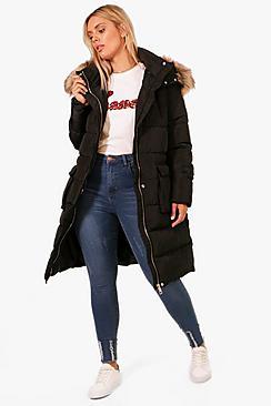 Boohoo Plus Libby Fur Trim Longline Padded Coat