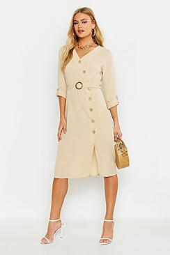 Boohoo Mock Horn Button Belted Midi Dress