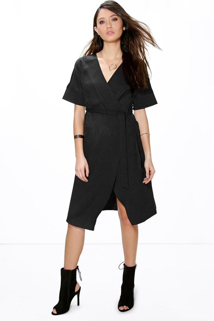 Boohoo Ginger Wrapover Tie Waist Dress Black