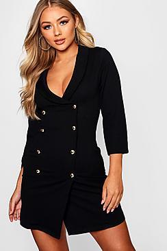 Boohoo Double Breasted Gold Button Blazer Dress
