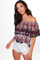 Boohoo Skyler Woven Printed Tassel Hem Off The Shoulder Top Multi