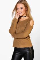 Boohoo Petite Donna Cold Shoulder Moss Stitch Jumper Camel