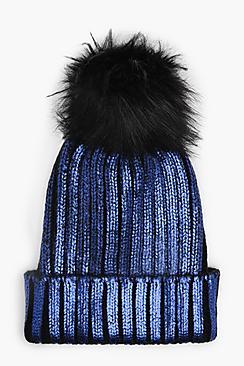Boohoo Sophie Metallic Foil Pom Beanie