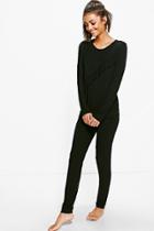 Boohoo Tall Aalia Ruffle T-shirt & Leggings Lounge Set Black