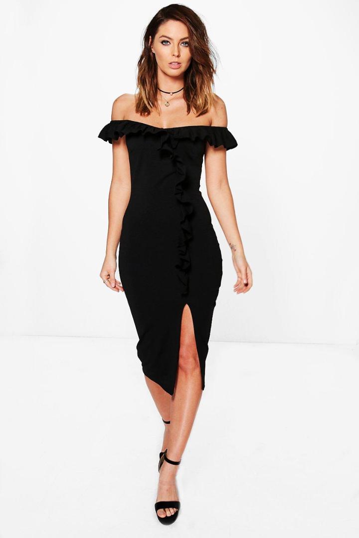 Boohoo Off The Shoulder Frill Detail Midi Dress Black
