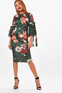 Boohoo Mimi Floral Tie Sleeve Midi Dress