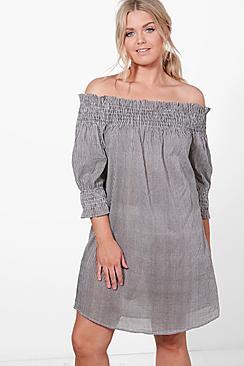 Boohoo Plus Bella Gingham Bardot Beach Dress
