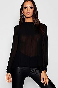 Boohoo Pleated Long Sleeve Woven Blouse