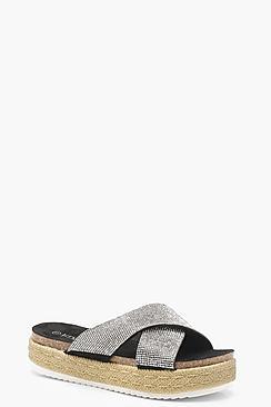 Boohoo Diamante Cross Strap Flatform Sliders