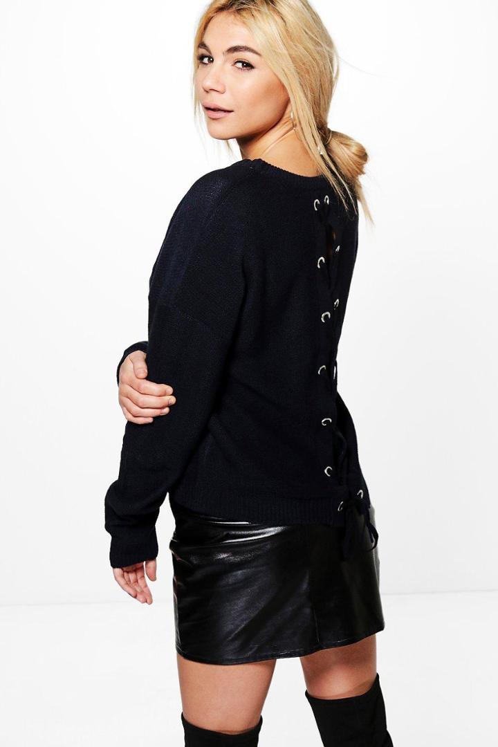 Boohoo Bethany Lace Up Back Jumper Navy