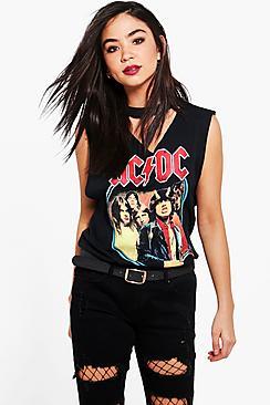 Boohoo Raegan Acdc Choker Neck Band Tee