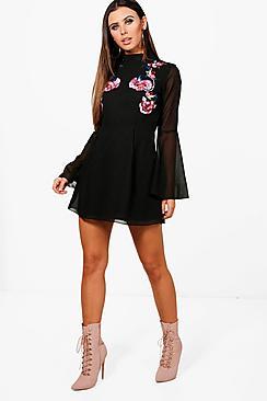 Boohoo Petite Emily Embroidered Flare Sleeve Skater Dress