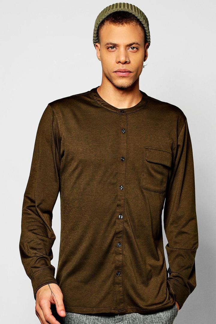 Boohoo Long Sleeve Utility Grandad Shirt Khaki