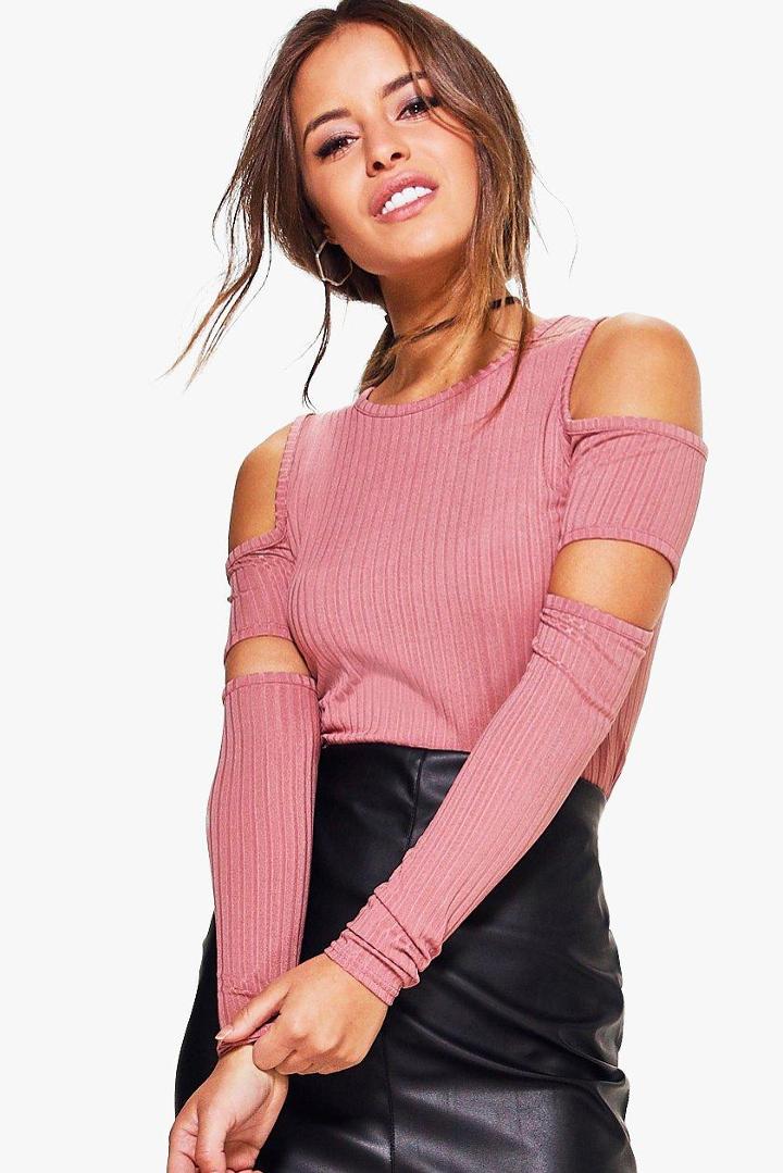 Boohoo Petite Paige Cut Out Sleeve Rib Knit Jumper Rose