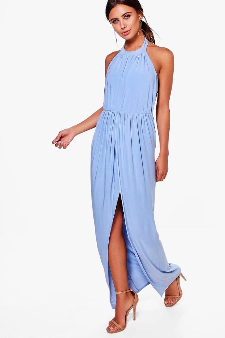 Boohoo Petite Paige High Neck Drape Maxi Dress Bluebell