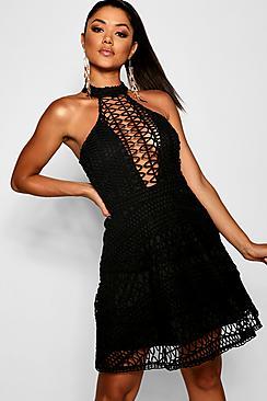 Boohoo Eleanor Lace High Neck Skater Dress