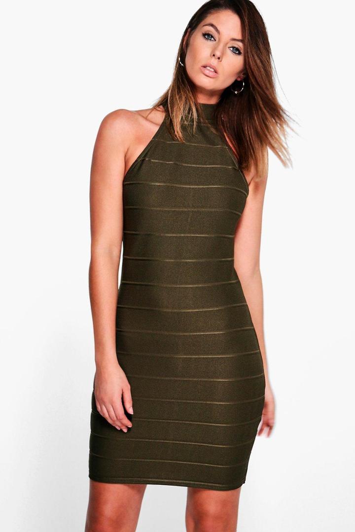 Boohoo Kasey High Neck Bandage Bodycon Dress Khaki