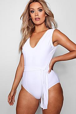 Boohoo Plus Tie Waist Plunge Front Swimsuit