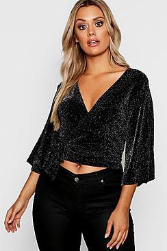 Boohoo Plus Metallic Kimono Sleeve Wrap Top