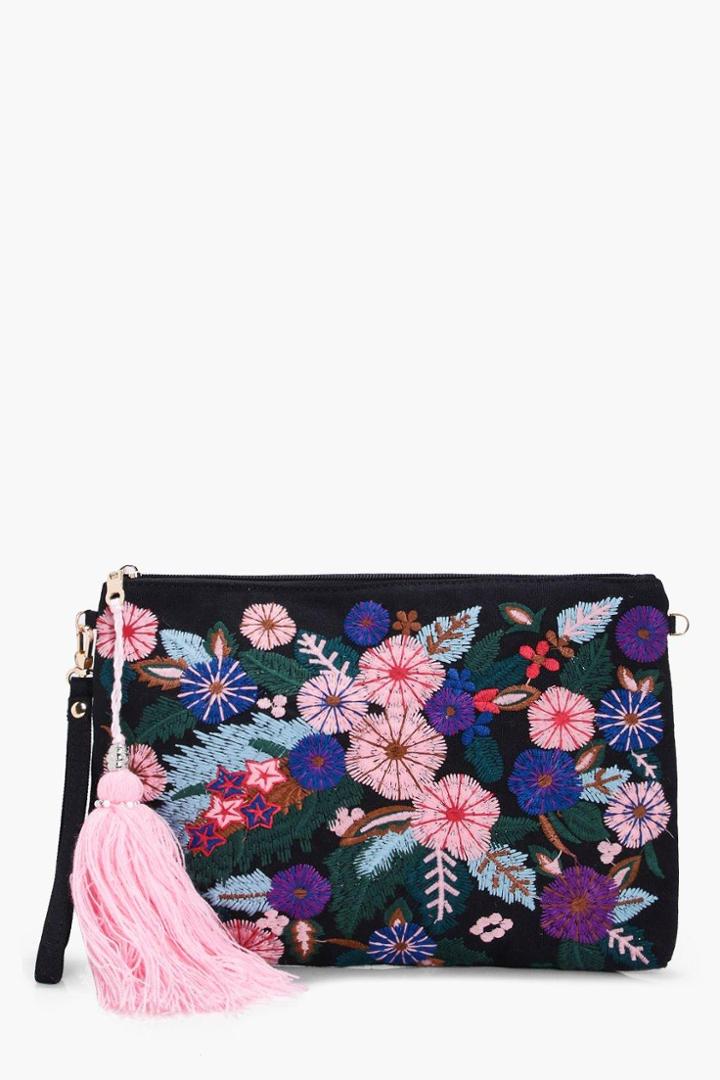 Boohoo Sophie Floral Embroidery Clutch Bag Black