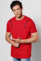 Boohoo Longline T Shirt With Zips And Curve Hem Red