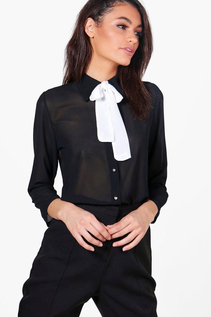 Boohoo Penny Woven Tie Neck Shirt Black