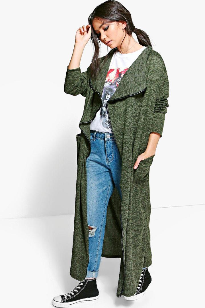 Boohoo Jasmine Pu Trim Maxi Waterfall Cardigan Khaki
