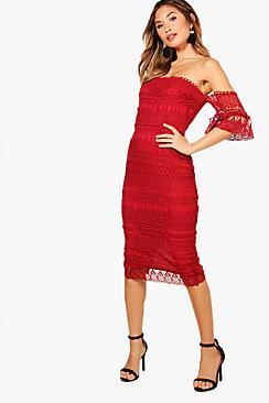 Boohoo Boutique Lia Lace Off The Shoulder Midi Dress