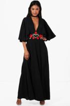 Boohoo Anna Boutique Angel Sleeve Embroidered Waist Maxi Dress Black