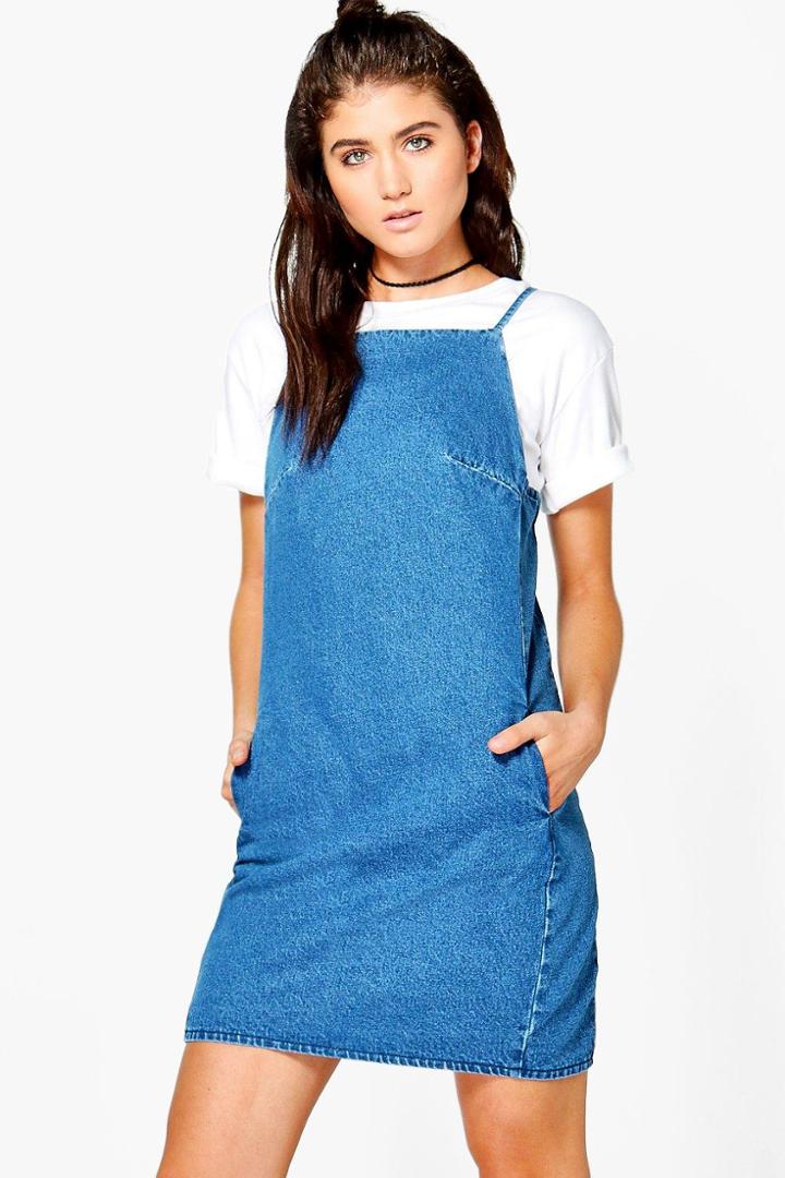 Boohoo Billie Strappy Pinafore Denim Dress Denim-blue