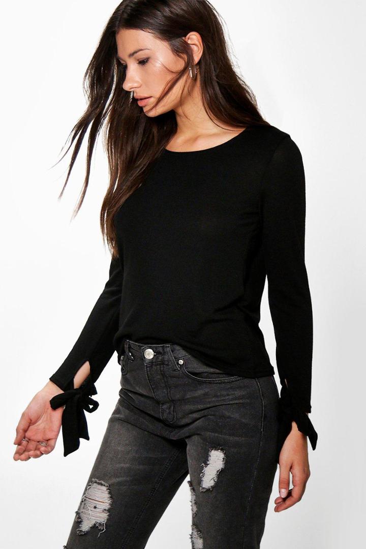 Boohoo Elizabeth Tie Sleeve Fine Knit Jumper Black