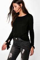 Boohoo Elizabeth Tie Sleeve Fine Knit Jumper Black